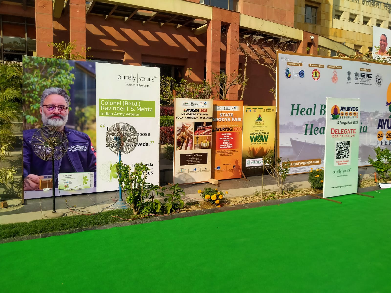 Exhibitor signage and banner stands at AYURYOG expo